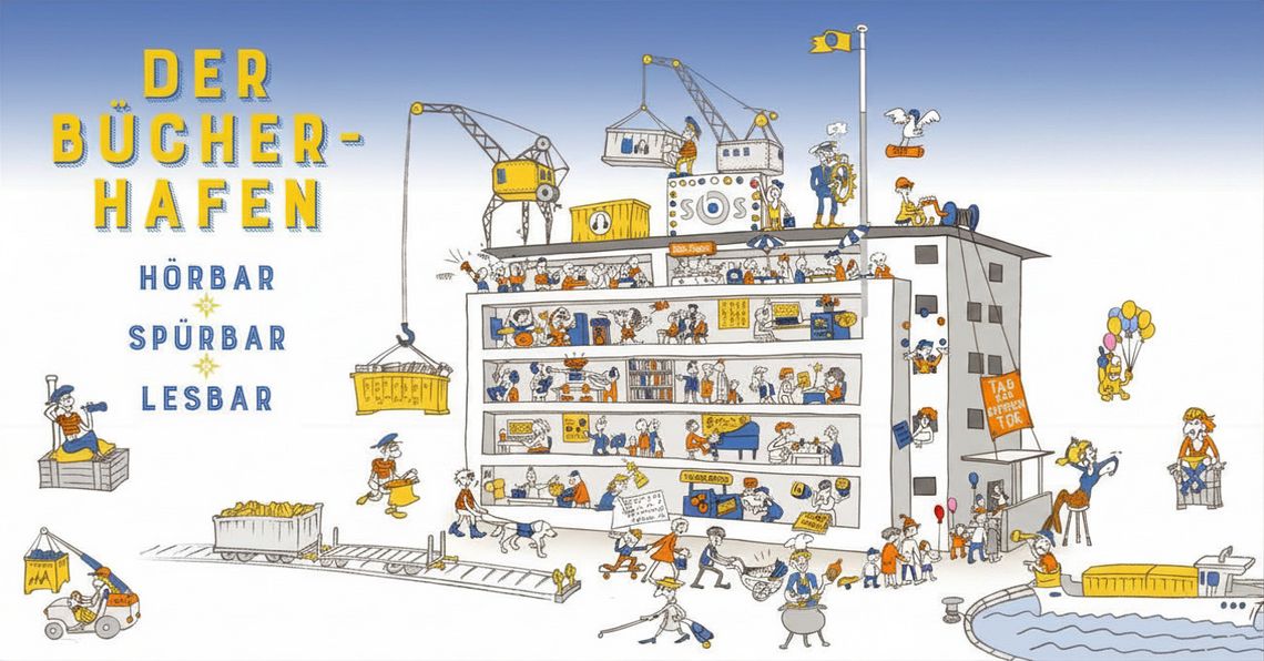 Bild zum Tag der offenen Tür: Das Bild zeigt eine bunte Illustration eines mehrstöckigen Gebäudes, das die SBS darstellt. Rundherum sind viele Menschen aktiv: Sie lesen Braille, schreiben Bücher oder musizieren mit Braille-Noten. Andere nehmen an Füh